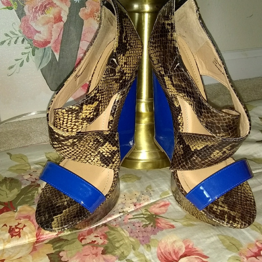 Snake printed blue accent plateform heel